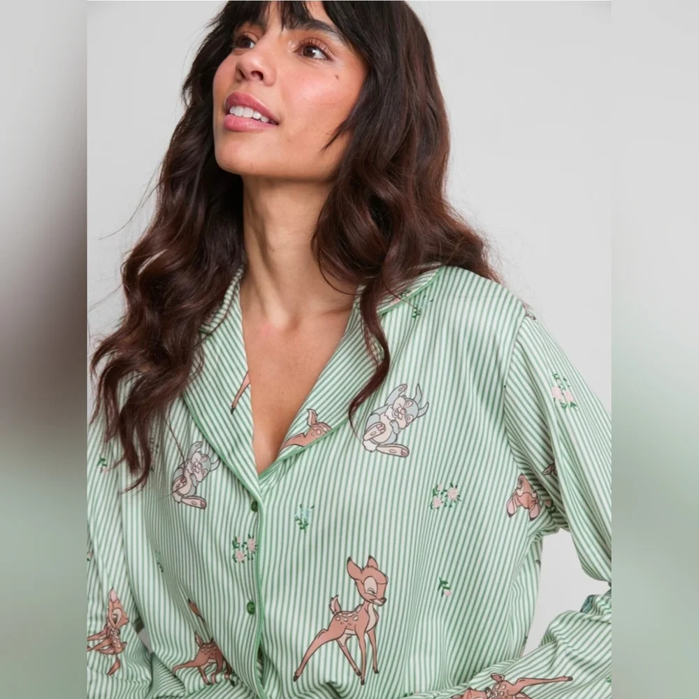 Disney’s Bambi Striped Boyfriend Pajamas button-up Set, Green. Primark - Picture 3 of 10